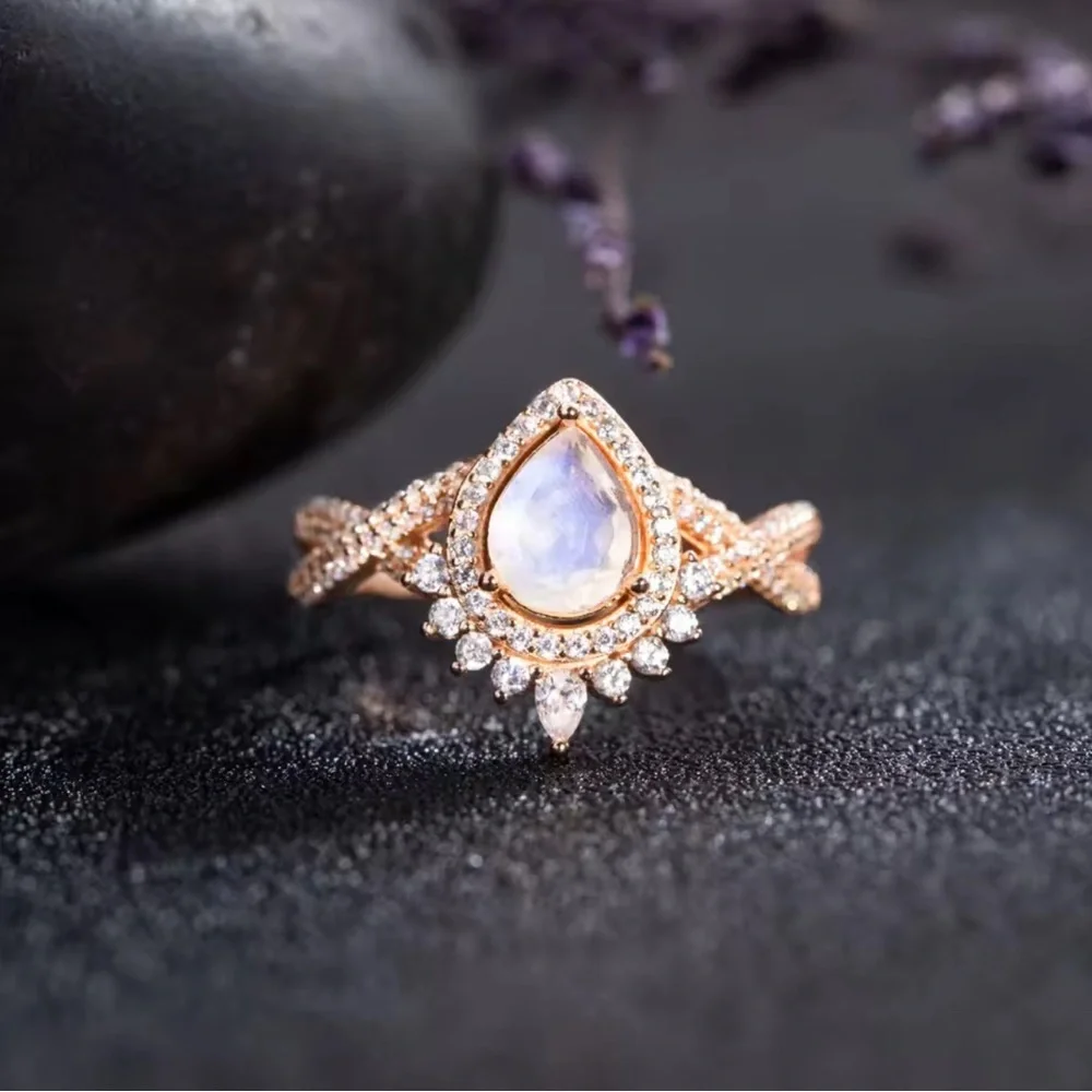 Elegant Rose Gold over Silver Rainbow Moonstone Teardrop Ring!